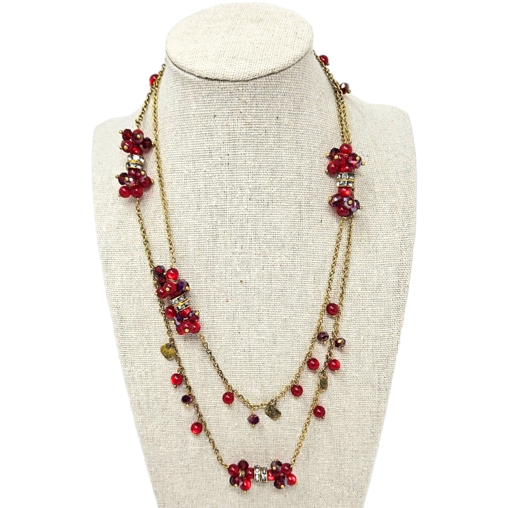 Coldwater Creek Long Red Gold Tone Necklace AB Rhinestones Beads